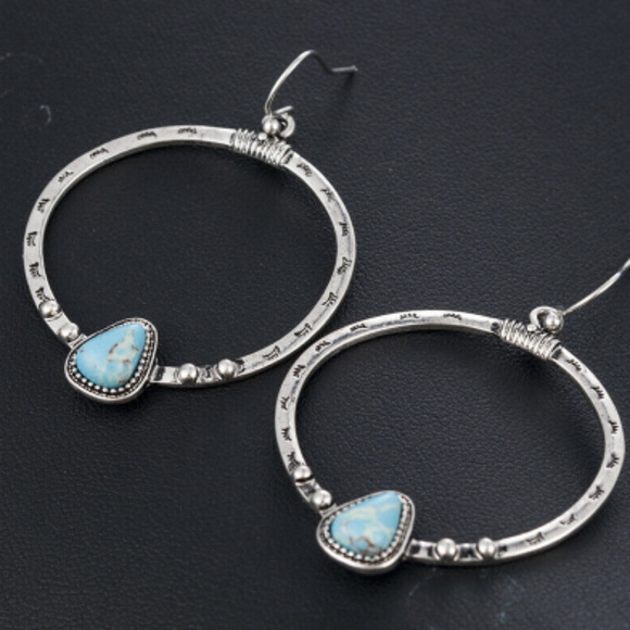Silver Turquoise Hoop Drop Earrings Southwestern - Picture 6 of 6